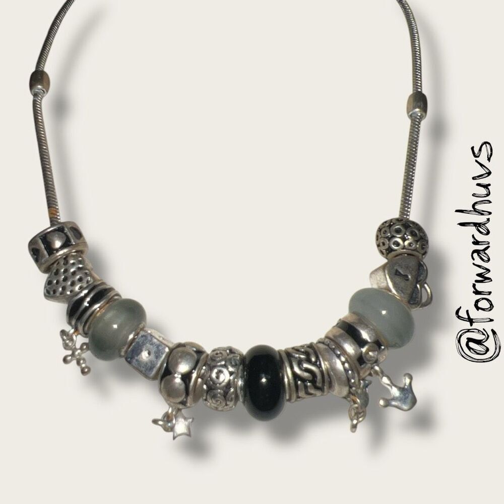 Silver-Tone Fixed Beads & Charm Necklace